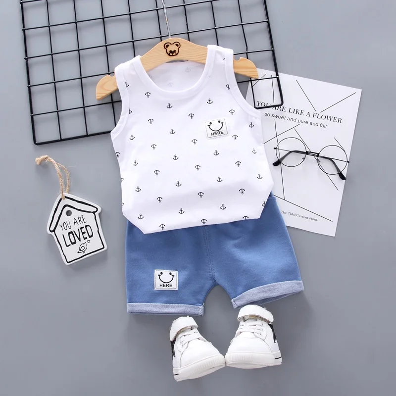 Vestiti del neonato stampa ragazzi vestito estate neonata 2 pezzi vestito senza maniche Top + Denim corto bambino ragazzo Set abiti in cotone