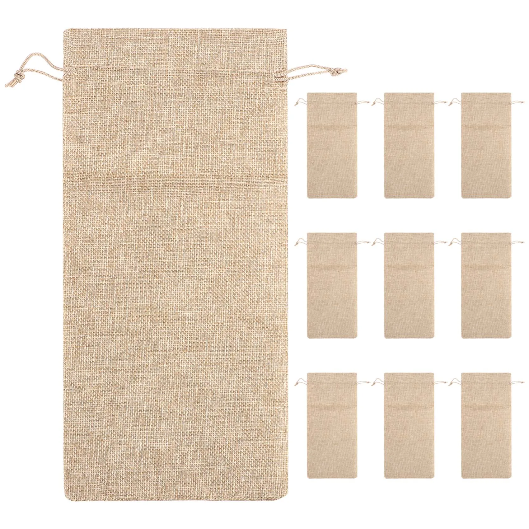 10 قطع من أكياس النبيذ الجوت، 14 × 6 1/4 بوصة أكياس هدايا لزجاجة النبيذ هسه مع رباط SQ