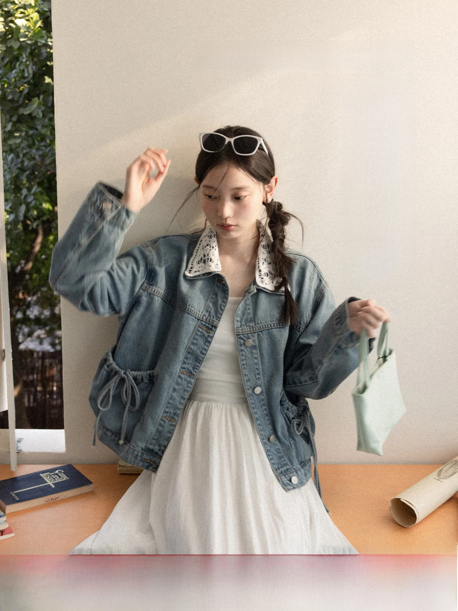 

Retro Blue Lace Splicing Loose Collar Denim Jaet Women's Casual Sle Spring 2026 Loose Fit Jaet Warm Cotton Blend