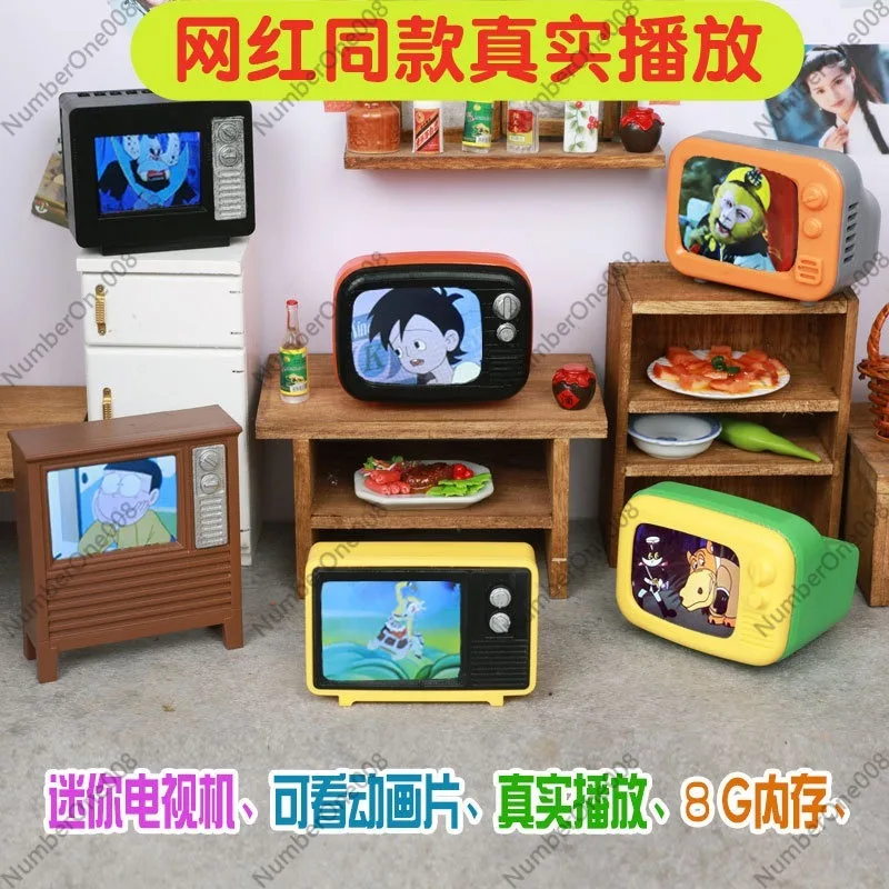 Mini small TV can play doll house scene ob11 model accessories 8G memory Internet celebrity children play house
