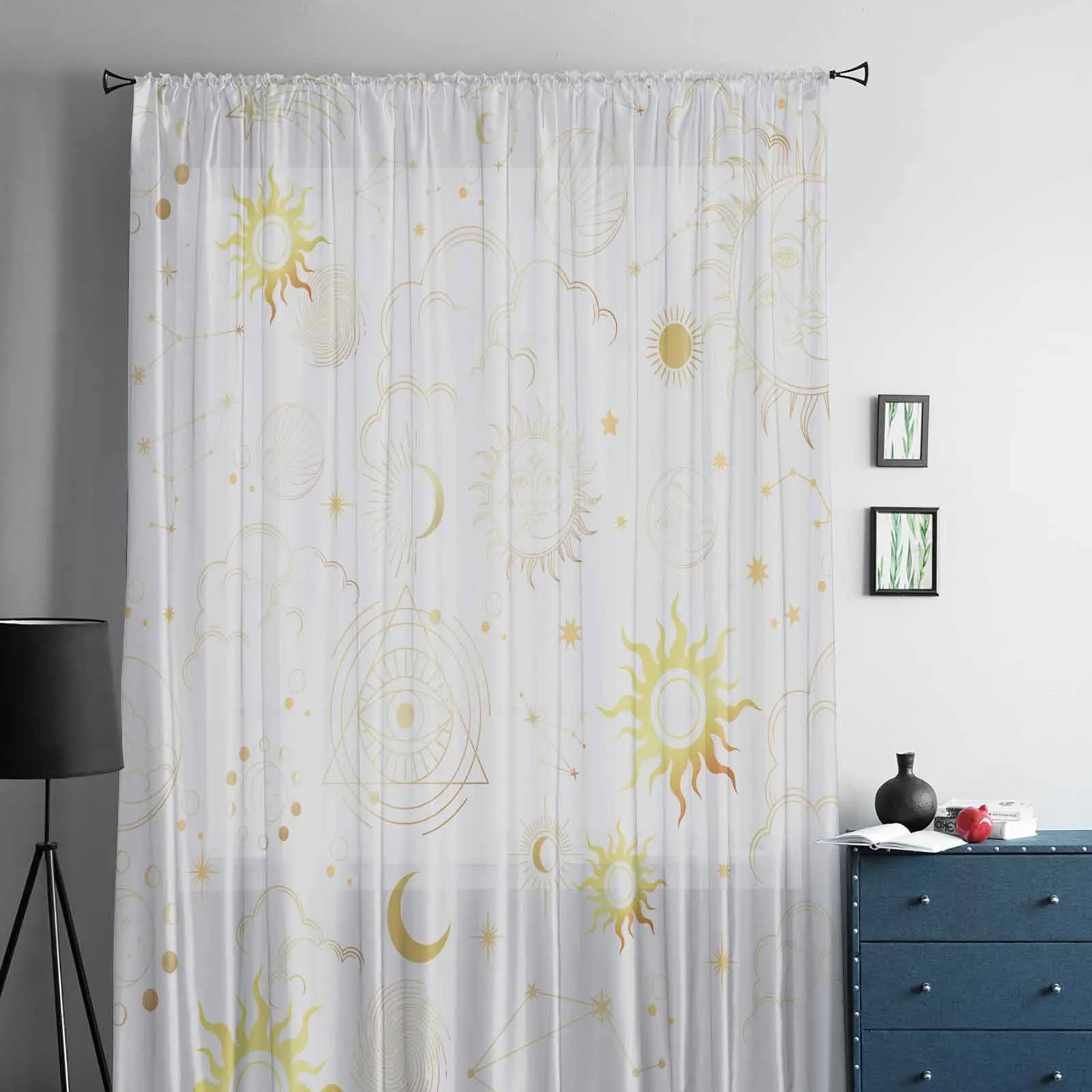 Imagem -02 - Tulle Sheer Curtain para Sala de Estar Estrela Lua Tarô Sol Abstrato Quarto Cozinha Voile Organza Decoração de Casa Branco