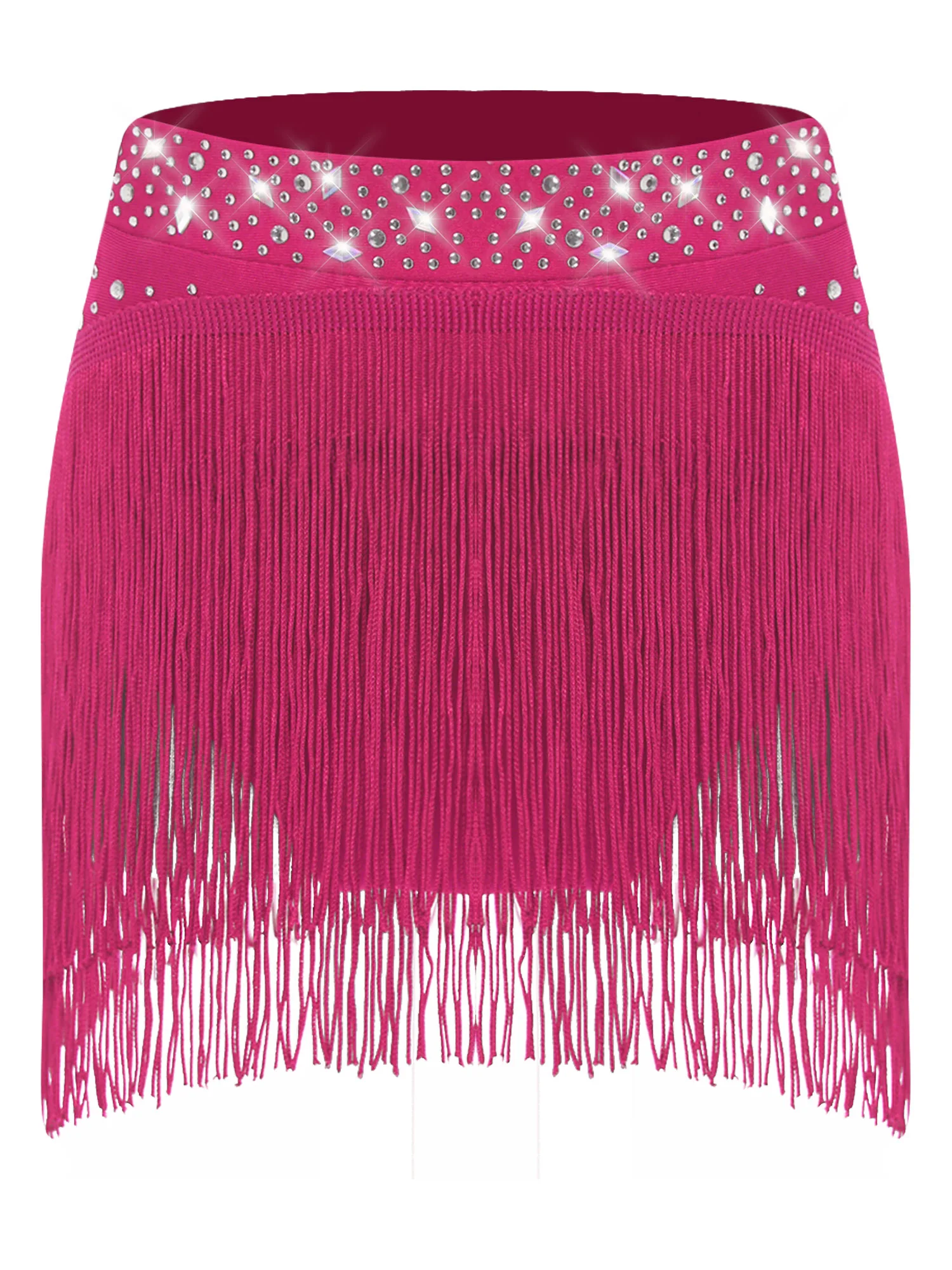Kids Girls Latin Tango Chacha Dance Performance Costume Outfits Unique Shoulder Sparkly Rhinestones Crop Top with Fringe Skirted