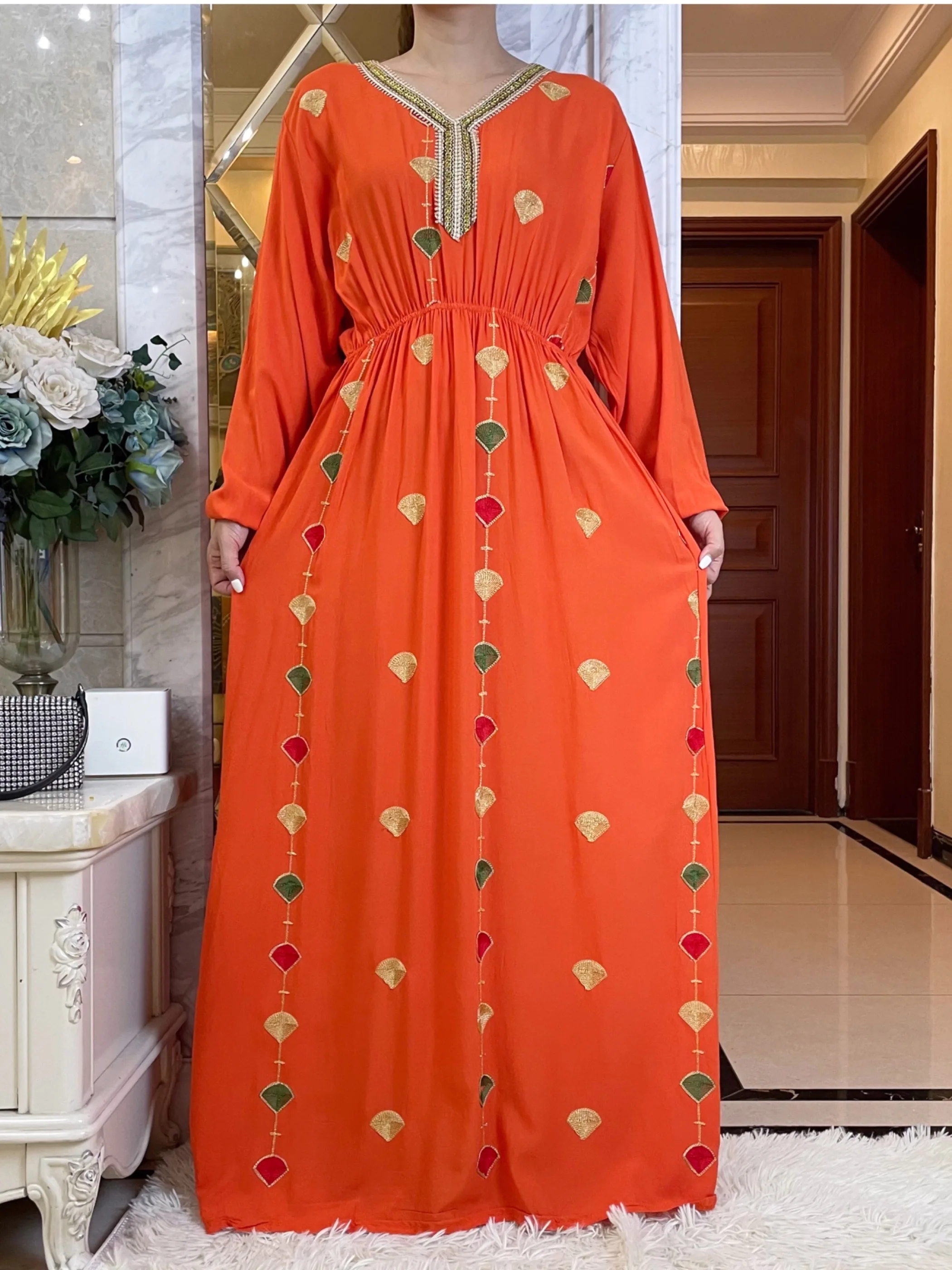 New African Summer African Long Sleeve Dresses Collect Waist Embroidery Floral Maxi Islam Women Cotton  Abaya With Big Scarf