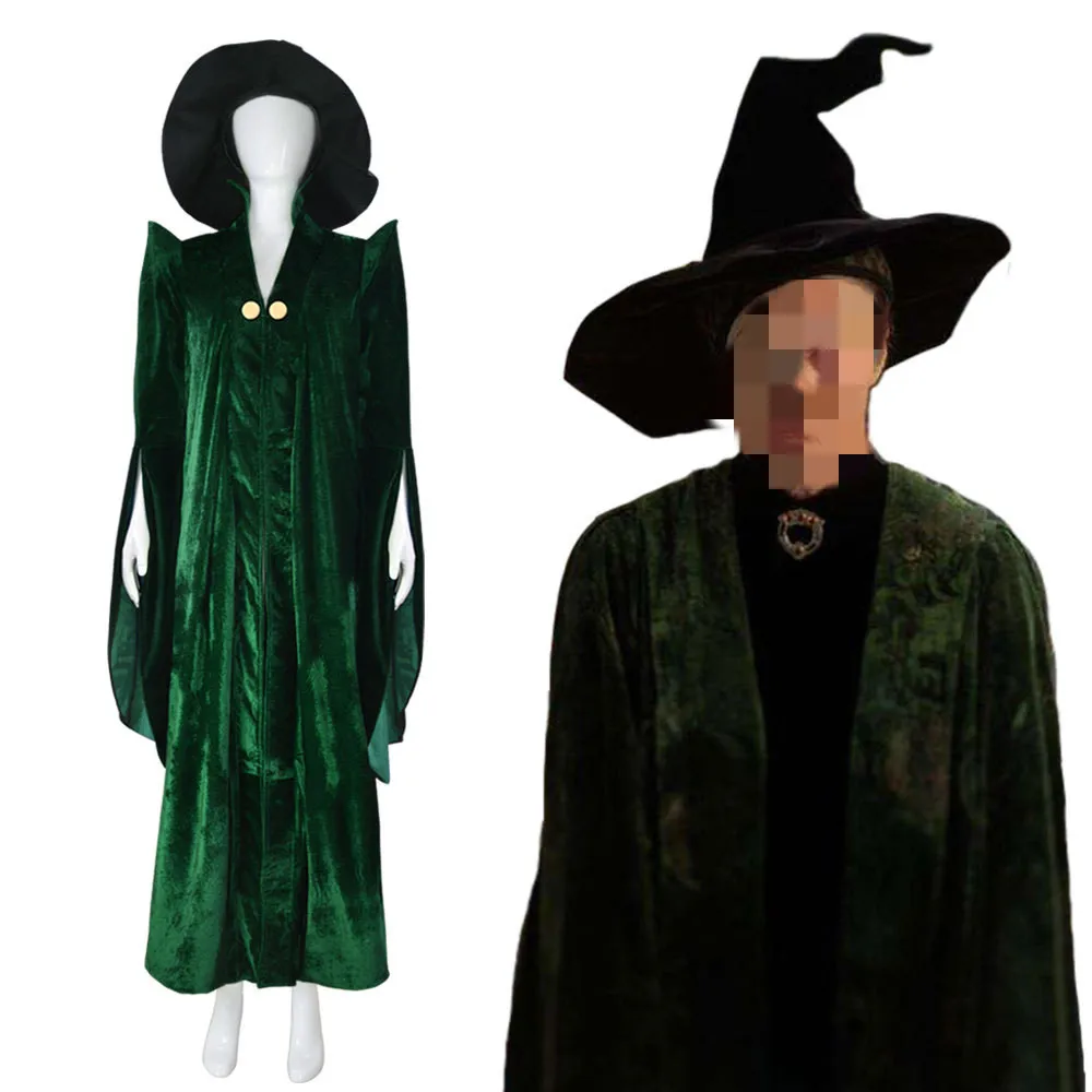 Anime Cosplay Minerva McGonagall Traje, Manto De Veludo Verde, Robe De Cabo, Vestido De Halloween, Terno De Carnaval, Feito Sob Medida