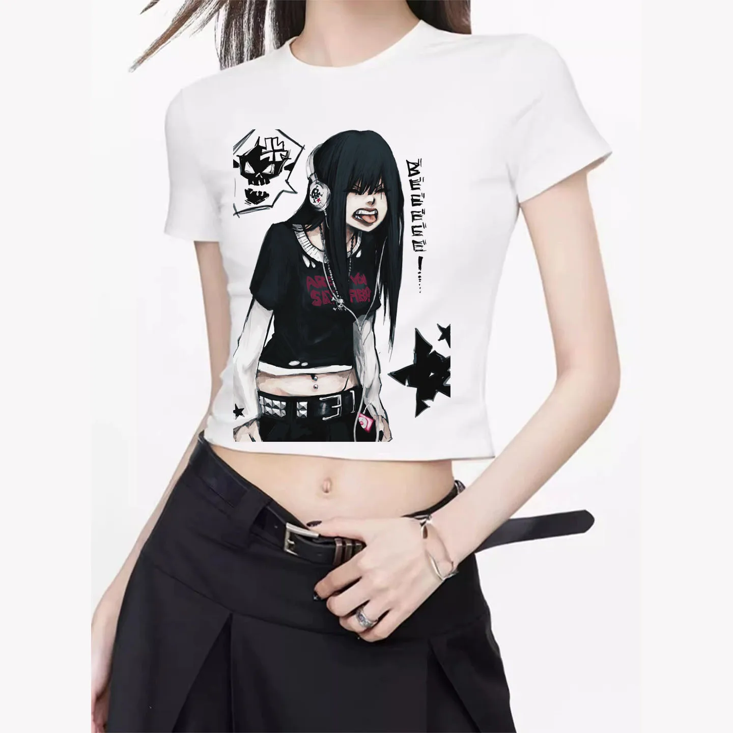 Camiseta con estampado de anime punk de los años 2000 para bebé, camiseta estética gótica Y2K emo, top corto informal fresco con estampado de basura para mujer