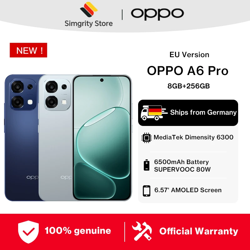 Smartphone OPPO A6 Pro 5G 8 Go + 256 Go, batterie 6500 mAh MediaTek Dimensity 6300 �cran AMOLED ultra lumineux 120 Hz Appareil photo principal 50 Mpx avec IA IP69