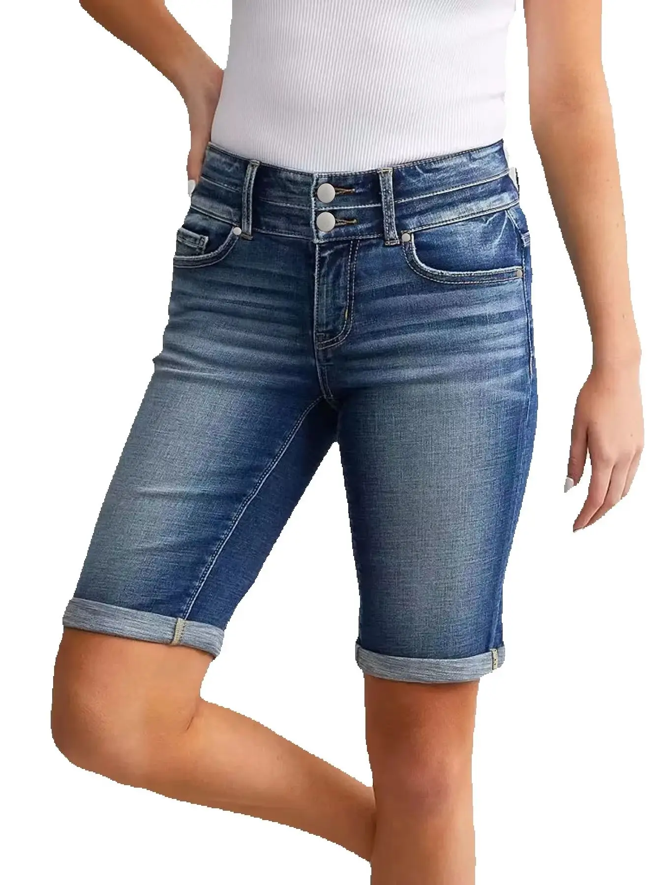 2025 Summer New Women's Pocket Hole Denim Shorts Fashion Slim Fit Elastic Curled Knee Length Shorts Jeans Casual Ladies Clothing