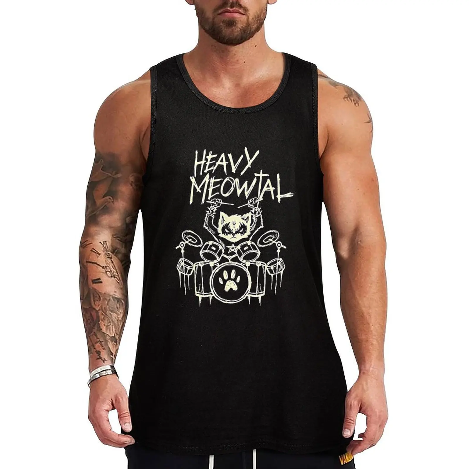 Heavy Meowtal Headbanger Gift Drummer Tank Top Gym wear Top Men's tops Men's singlets