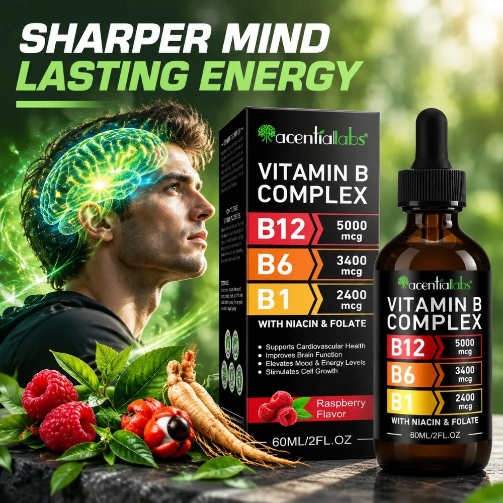 Vitamin B Complex Drops for Energy, Brain Function & Mood Balance, B12 Methylcobalamin 5000mcg, B6, B1, Folate, 60ml
