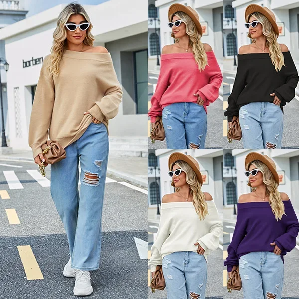 

Off Shoulder Women Solid Casual Loose Tops Full Sleeve Sweaters Knitted Thick Splice Pullovers Slash Neck Autumn Winter 2023