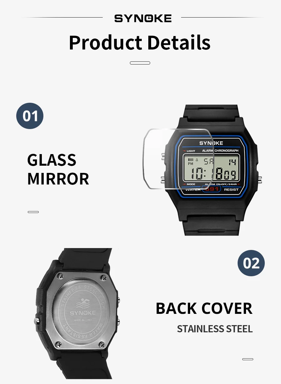SYNOKE Student Digitaluhr Unisex Sportuhr Multifunktions Sport Wasserdicht Leuchtende LED Klassische Uhr für Männer und Frauen – Detail 13