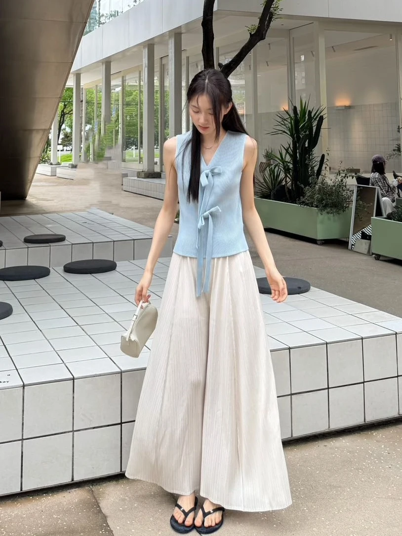Casual Pleated Wide Leg Pants High Waist Straight Cut Elegant Top Commute Set Polyester Fiber Elastic Waist Pure Color