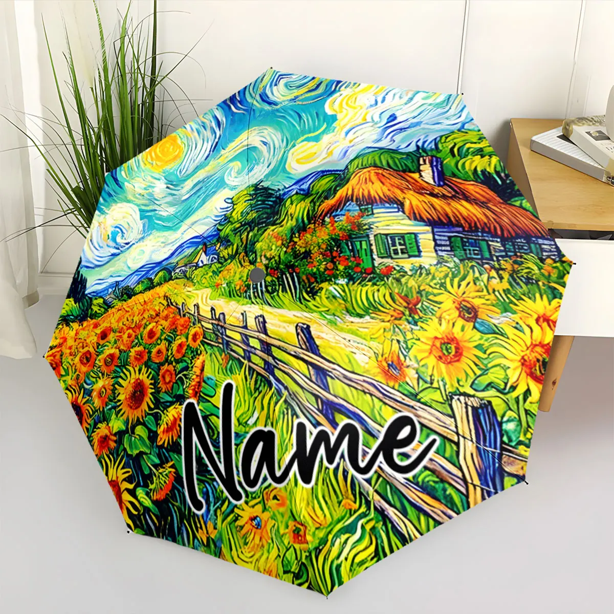 Custom Name Umbrella Sunflower Fields on a Vibrant Umbrella Print 8 Iron Ribs Folding Umbrella Auto-Open Fashion Sunshade