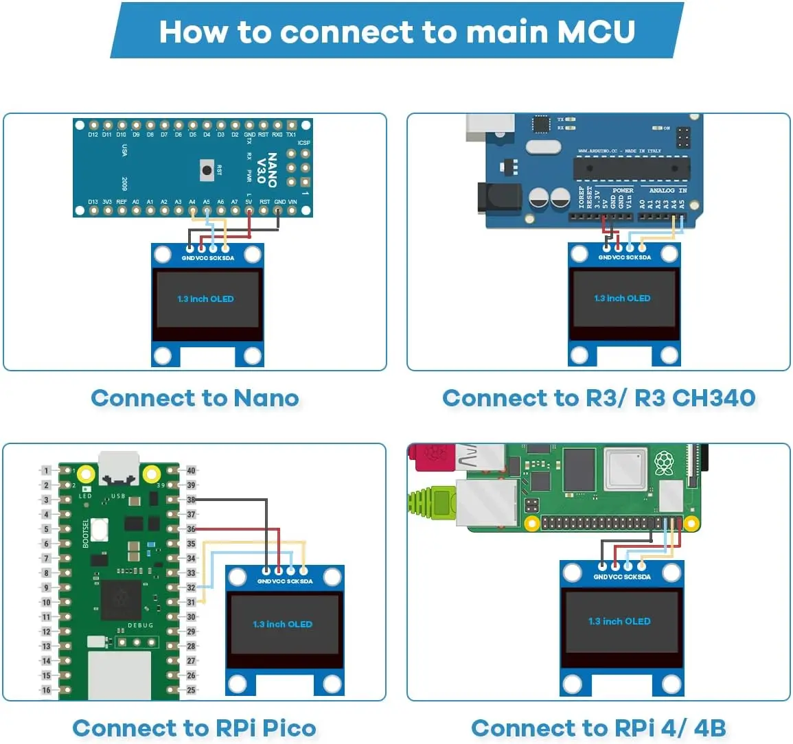 5 peças 1.3 "4 pinos módulo de exibição oled 128x64 pixels iic i2c sh1106 tela compatível com arduino raspberry pi branco azul