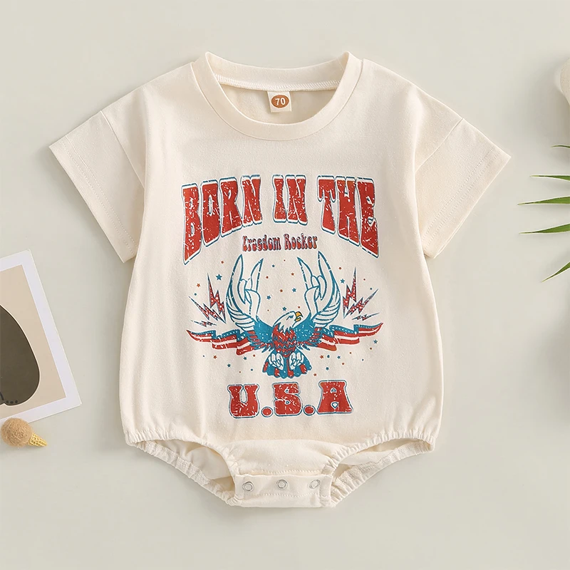 American Flag Baby Romper  Infant Boys Girls Patriotic Eagle Print Short Sleeve Crew Neck Jumpsuits Summer Bodysuits for