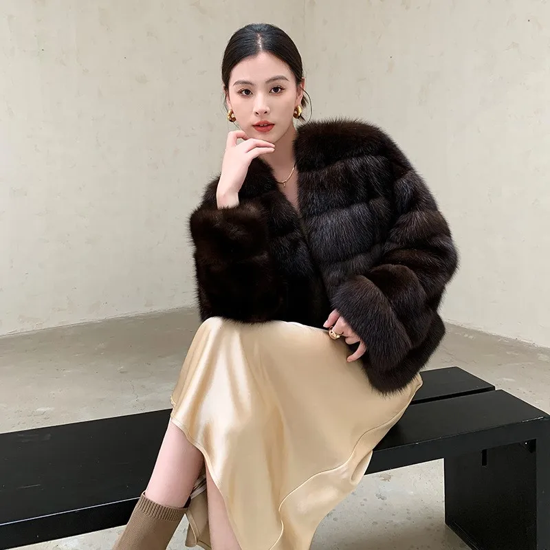 여성용 가죽 코트 보라색 혼합 모피 코트 짧고 가벼운 스타일