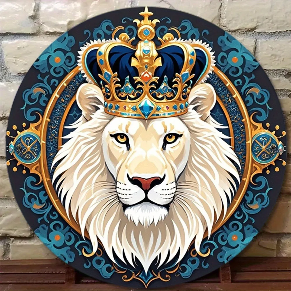 Ornate Golden Crown White Lion Blue Floral Pattern Round Metal Tin Sign Wall Decor For Home Bar Art Plaque