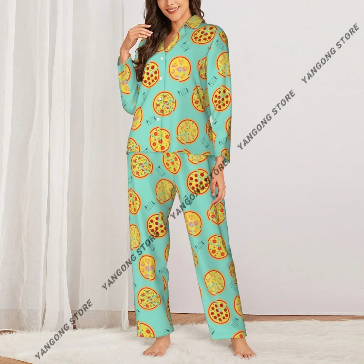 Spring and Autumn Long Sleeve Pants Pajamas Loungewear Set Pizza Pattern Women's Pull Edge Loose Sleeping Suit