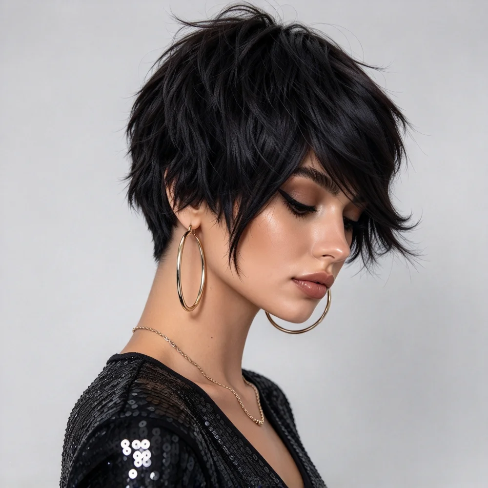 Pixie Cut Human Hair Wig 150% Density Short Textured Wigs With Bangs For Women Full Machine Made Wig
