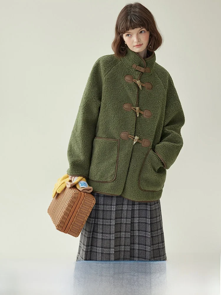 

AMUU Оригинальное женское зимнее пальто из меха ягненка с пуговицами, средней длины, с воротником-стойкой, из полиэфирного волокна, с длинными рукавами