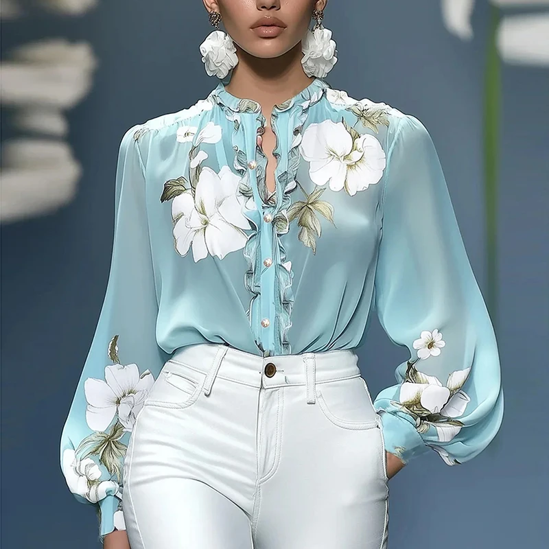 

Блузка в китайском стиле, женская повседневная рубашка с цветочным принтом и круглым вырезом на пуговицах, офисная верхняя рубашка, осенняя новая пышная женская одежда с длинными рукавами, Blusas