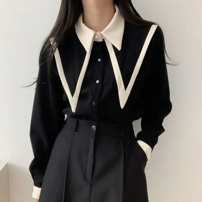 Women Tshirt Korean Fashion Contrast Color Sailor Collar Blouse Chic Elegant Long Sleeve Office Lady Daily Wear Clothing