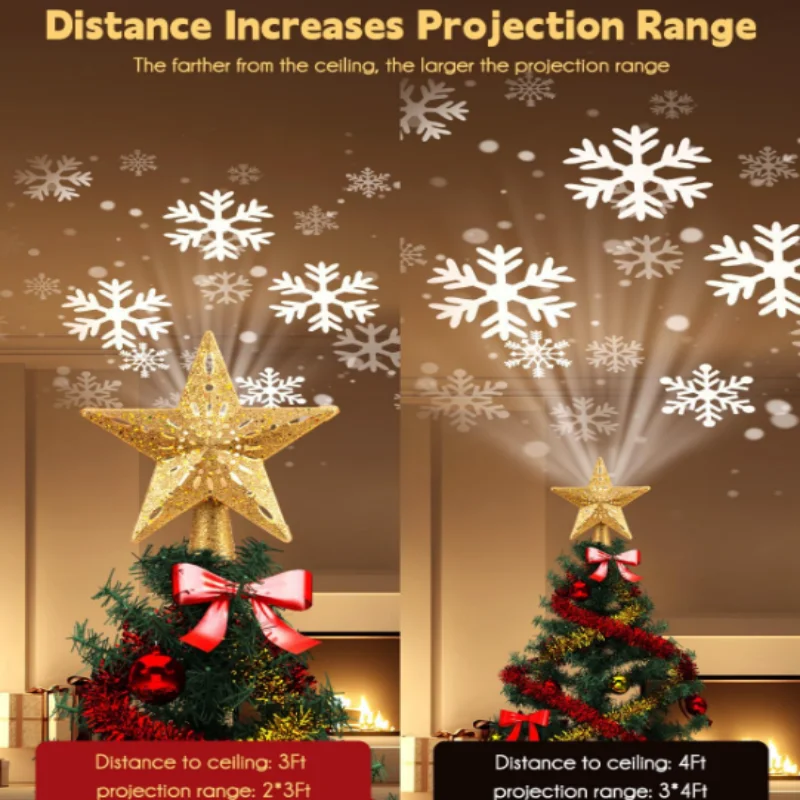 Rotating Snowflake Projection Lamp EU/US Plug Christmas Tree Top Decoration with LED Christmas New Year Holiday Tree Decoration