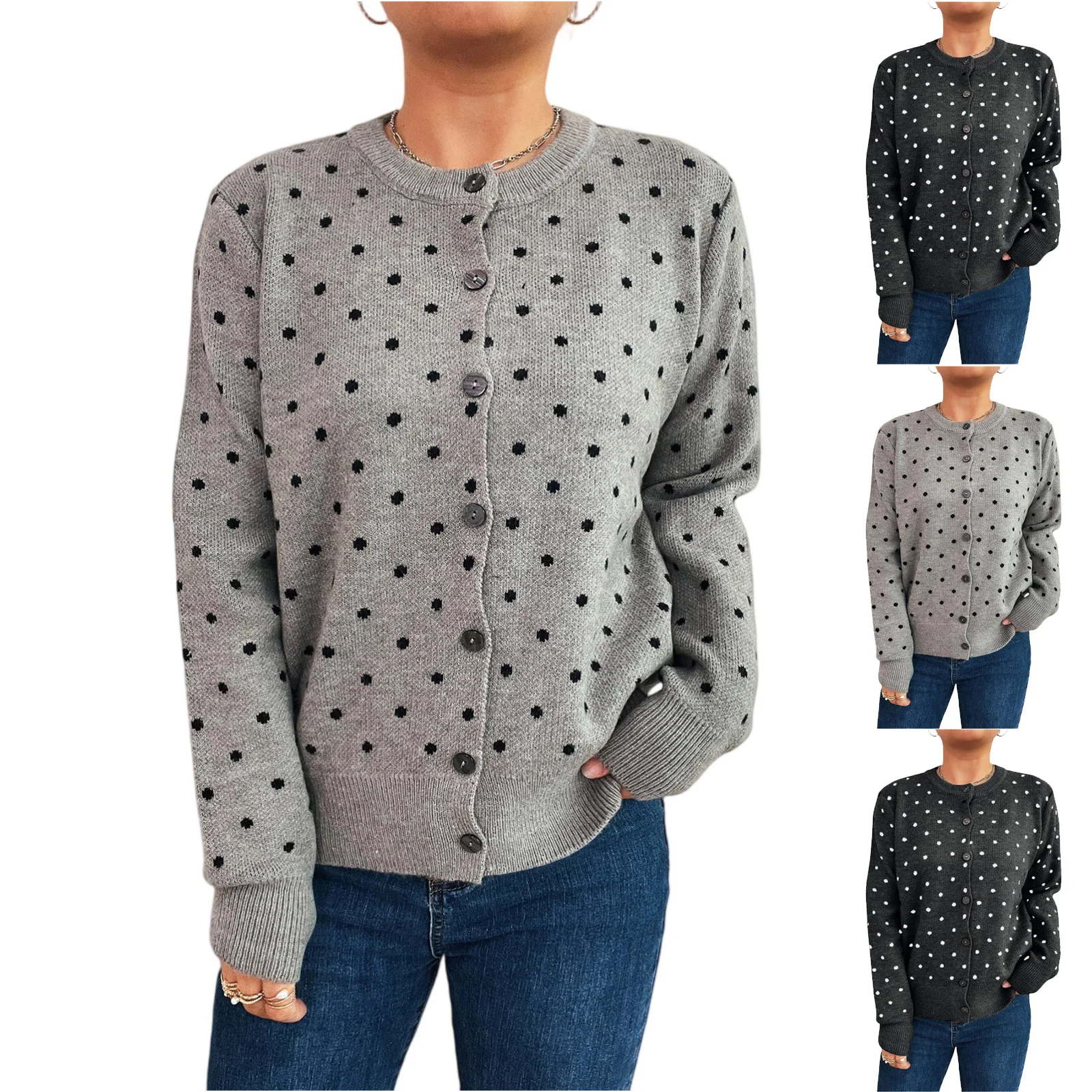 

Fashion Polka Dot Printed Knitted Cardigan Jacket Chic Korean Style 2025 New Style Early Autumn Skinny Casual Sweater Top