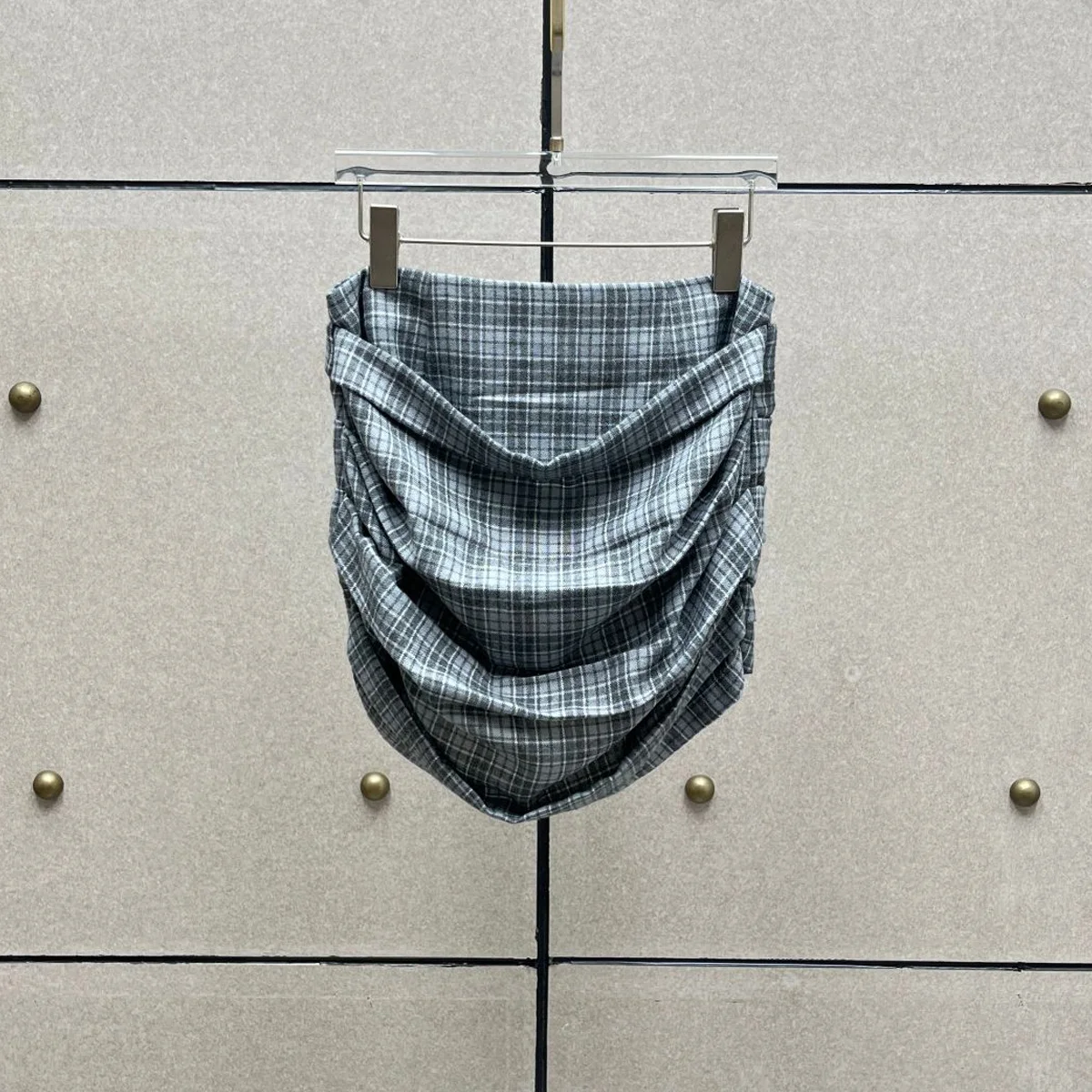 High Quality Women Plaid Ruched Mini Skirt High Waist Back Zipper Bodycon Short Skirt