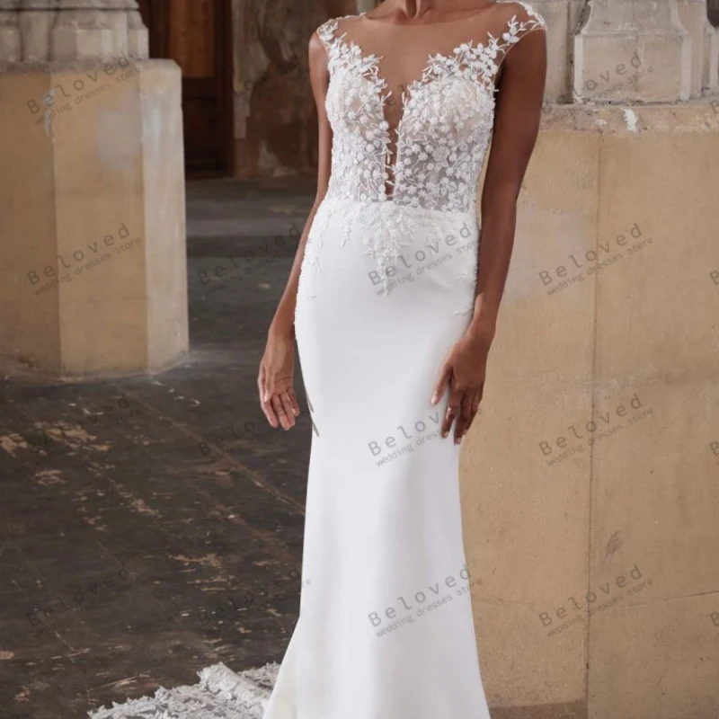 

Graceful Wedding Dresses Satin Bridal Gowns Lace Appliques Sleeveless Backless Robes Sweep Train Vestidos De Novia Customized