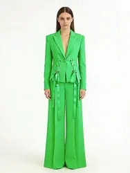 HIGH STREET Newest Fashion 2026 S/S Designer Runway Women's Ribbons Lacing Single Button Blazer Suit Straight Pants Set 2pcs