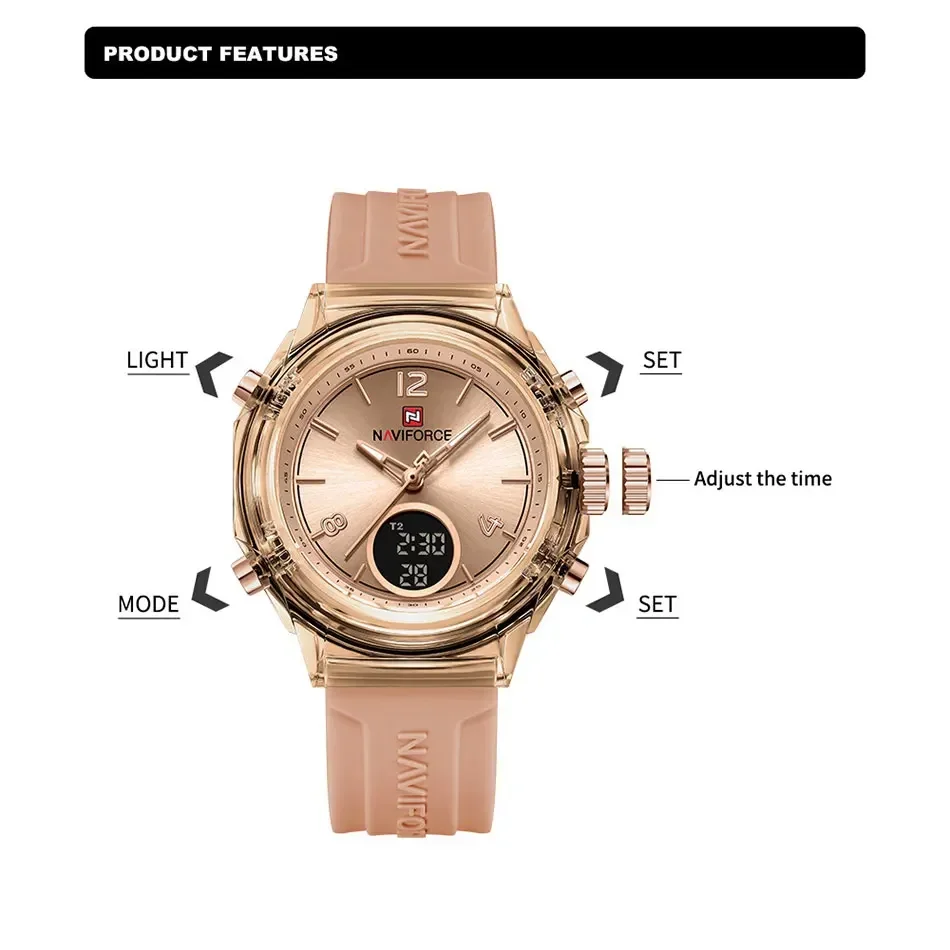 NAVIFORCE NF7109 Quartz Watch for Ladies Fashion Women's Dual Display Watches Quartz Waterproof Silicone Luminous Wristwatch