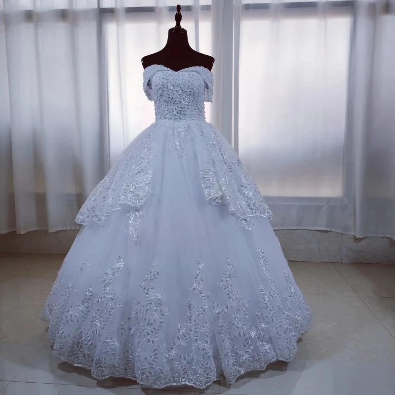 Off Shoulder Luxury Wedding Gown For Women Pearls Appliqries Sequines Boat Neck Champagne Wedding Dress 2024 Bride Dress Cusotm