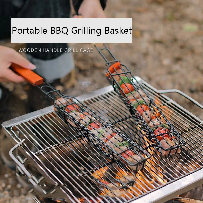 

Portable BBQ Grilling Basket Stainless Steel Nonstick Barbecue Grill Basket Wooden Handle Grill Mesh Meat Picnic Roasting Tool