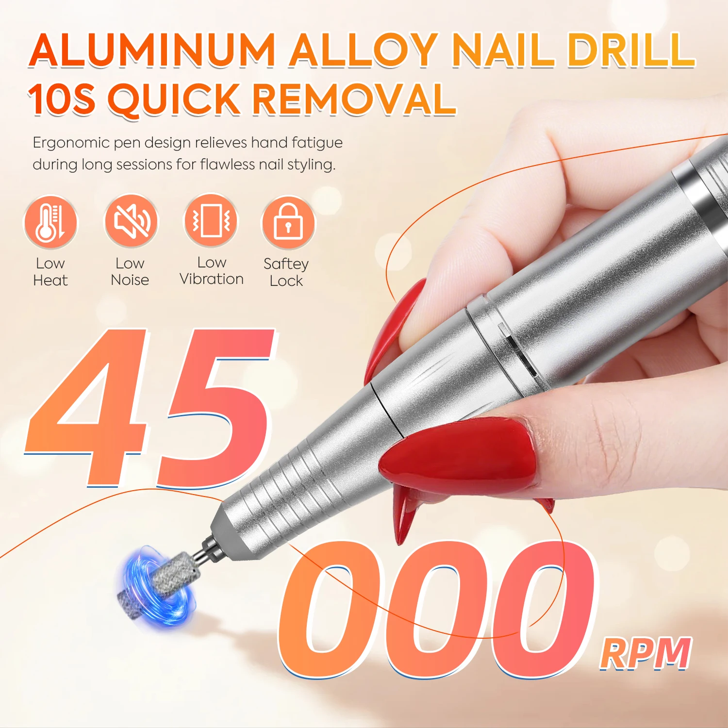 Taladro de uñas eléctrico recargable: 45000 RPM, batería de 8 horas, pantalla LCD HD: limado y eliminación de uñas profesionales de grado salón