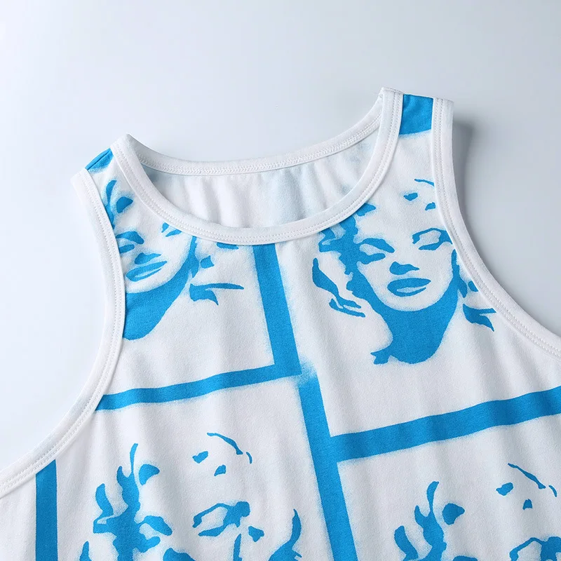

Лето 2025 г., короткий топ без рукавов с забавным портретным принтом, сексуальный топ с круглым вырезом, облегающий женский жилет на груди