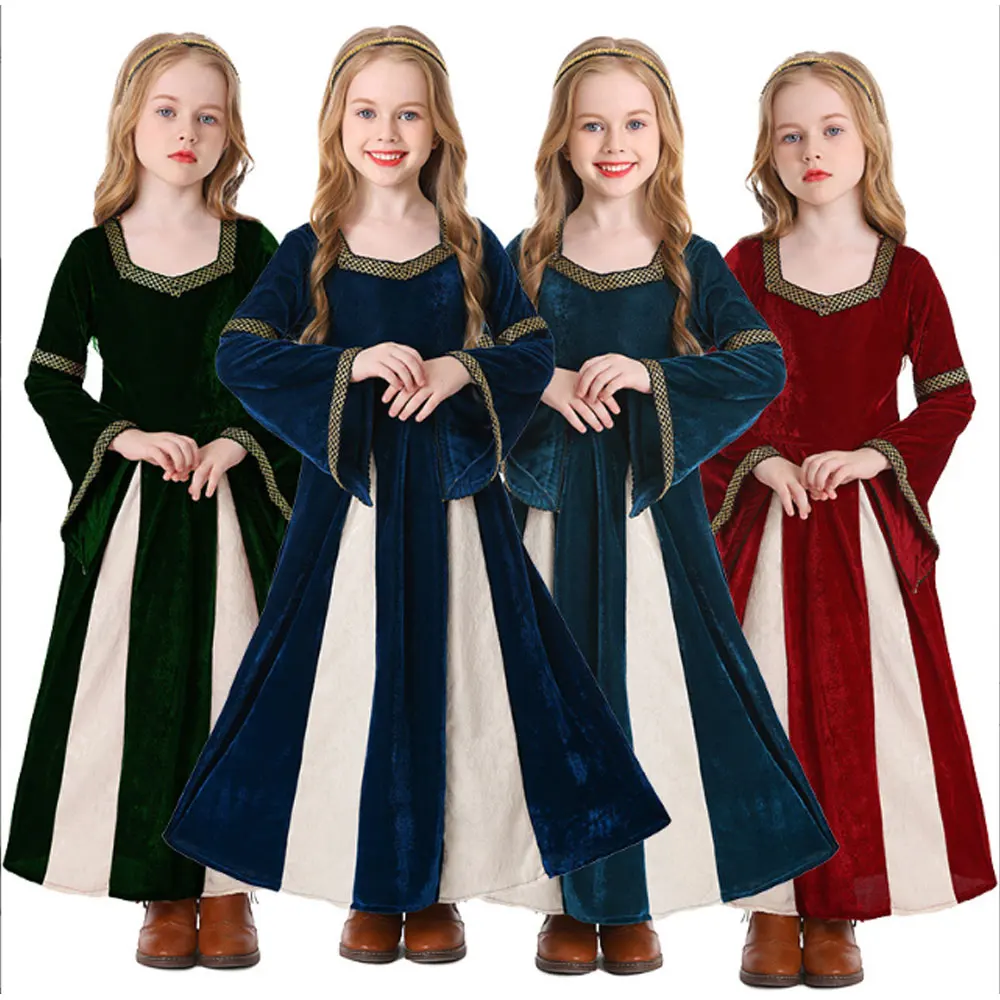 

Halloween Girls Medieval Renaissance Velvet Dress with Headwear Princess Queen Cosplay Costume Christmas Carnival Party Dress