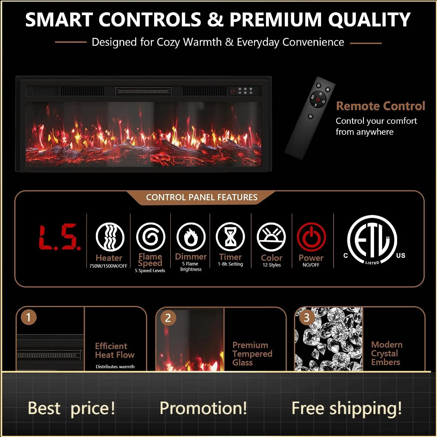 Gloss Black TV Stand Cabinet Fireplace Heater LED Storage Entertainment Console