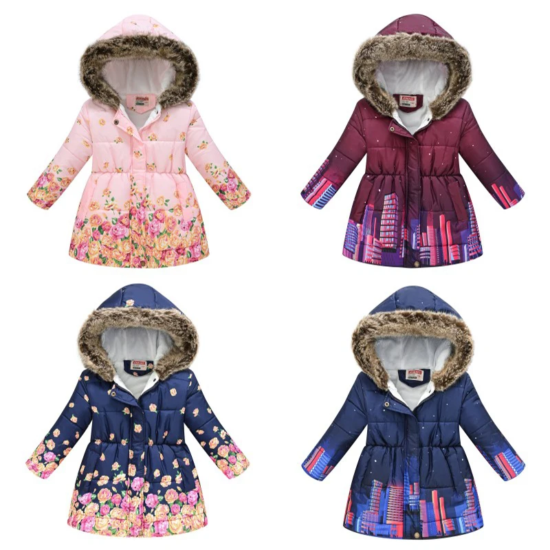 Medium Long Styles Coat Artificial Fur Collar Hooded Down Jacket Kids Girls Winter Thicken Warm Outerwear Christmas Clothing New