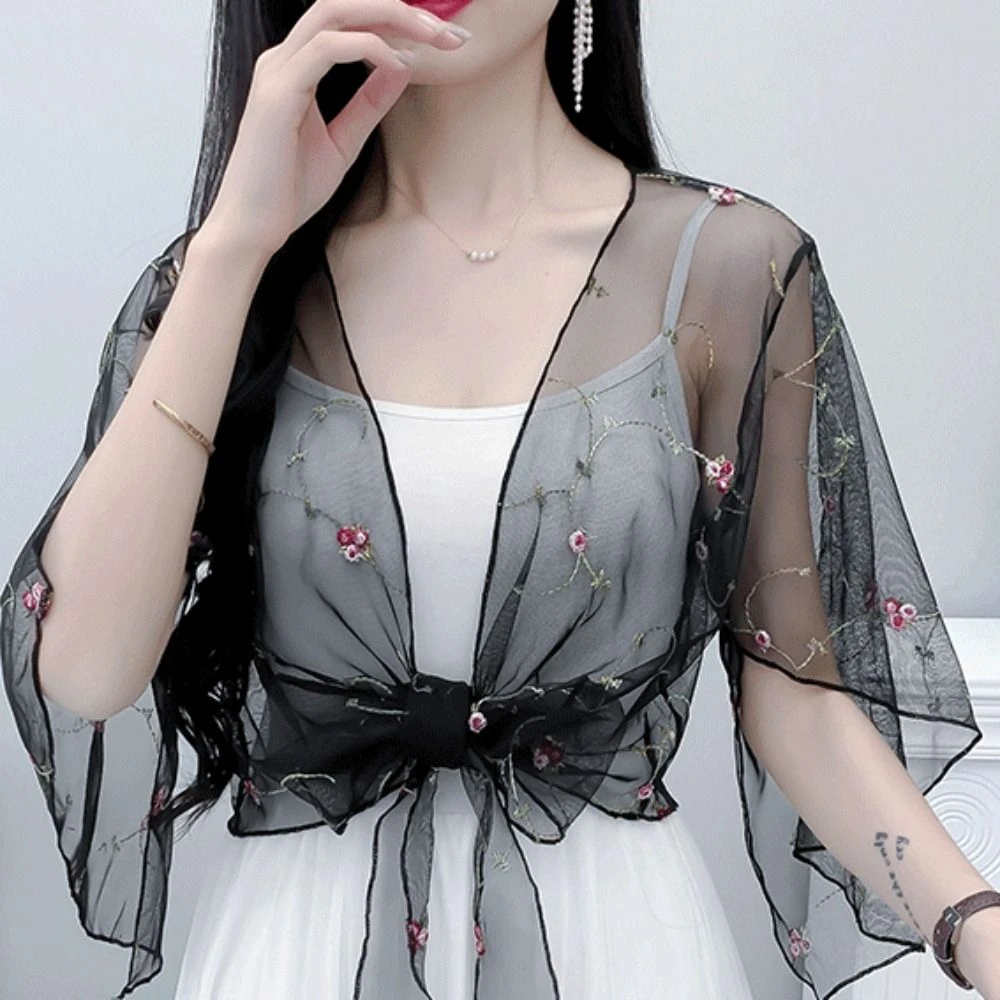 

Embroidery Chiffon Small Shawl Jacket Transparent Knot Chiffon Cardigan Shirt Beachwear Beach Shirts Coat