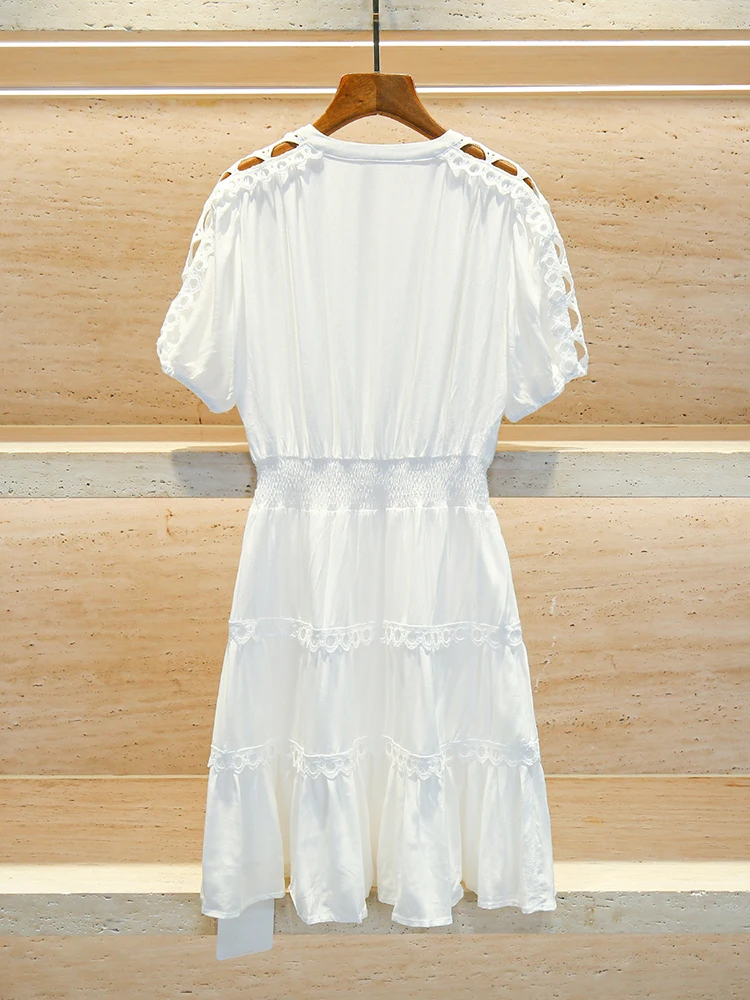 กระโปรงทรงเอไลน์สีขาว แต่งลูกไม้ปักลายฉลุ สไตล์ยุโรป สำหรับผู้หญิง รุ่น High-End  เหมาะสำหรับฤดูร้อน