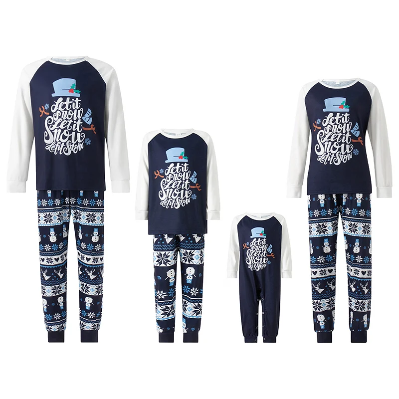 

Matching Family Christmas Pajamas Set Baby Romper Letter Print Long Sleeve Tops Stripe Snowflake Snowman Print Pants