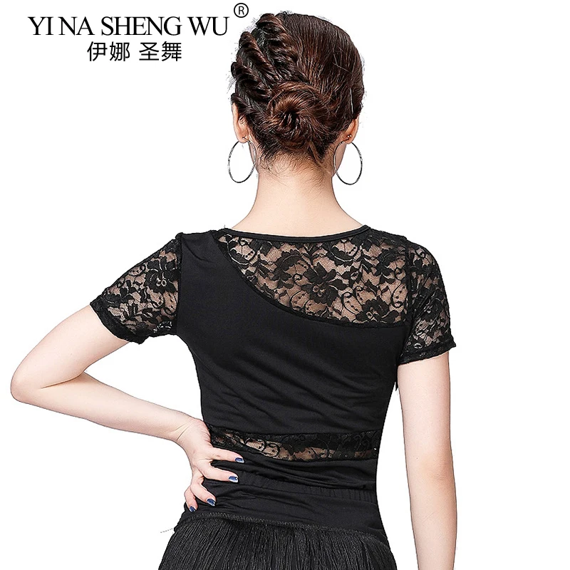 새로운 여성 라틴 댄스 레이스 탑 반팔 연습복 1Pc 스퀘어 댄스 현대 국가 표준 댄스 연습 의류