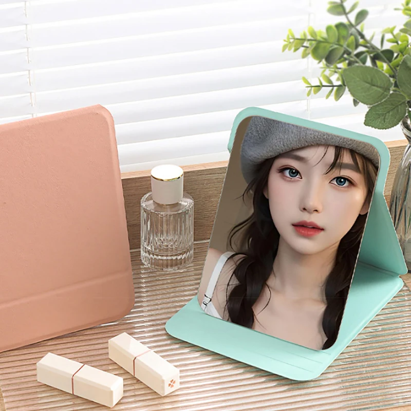 เดสก์ท็อปแต่งหน้ากระจกหนัง PU กระจกโต๊ะเครื่องแป้งแบบพกพากระจกมือพับได้กระจกขนาดกะทัดรัดน่ารักกระจกกระเป๋าสําหรับเครื่องมือการเดินทาง