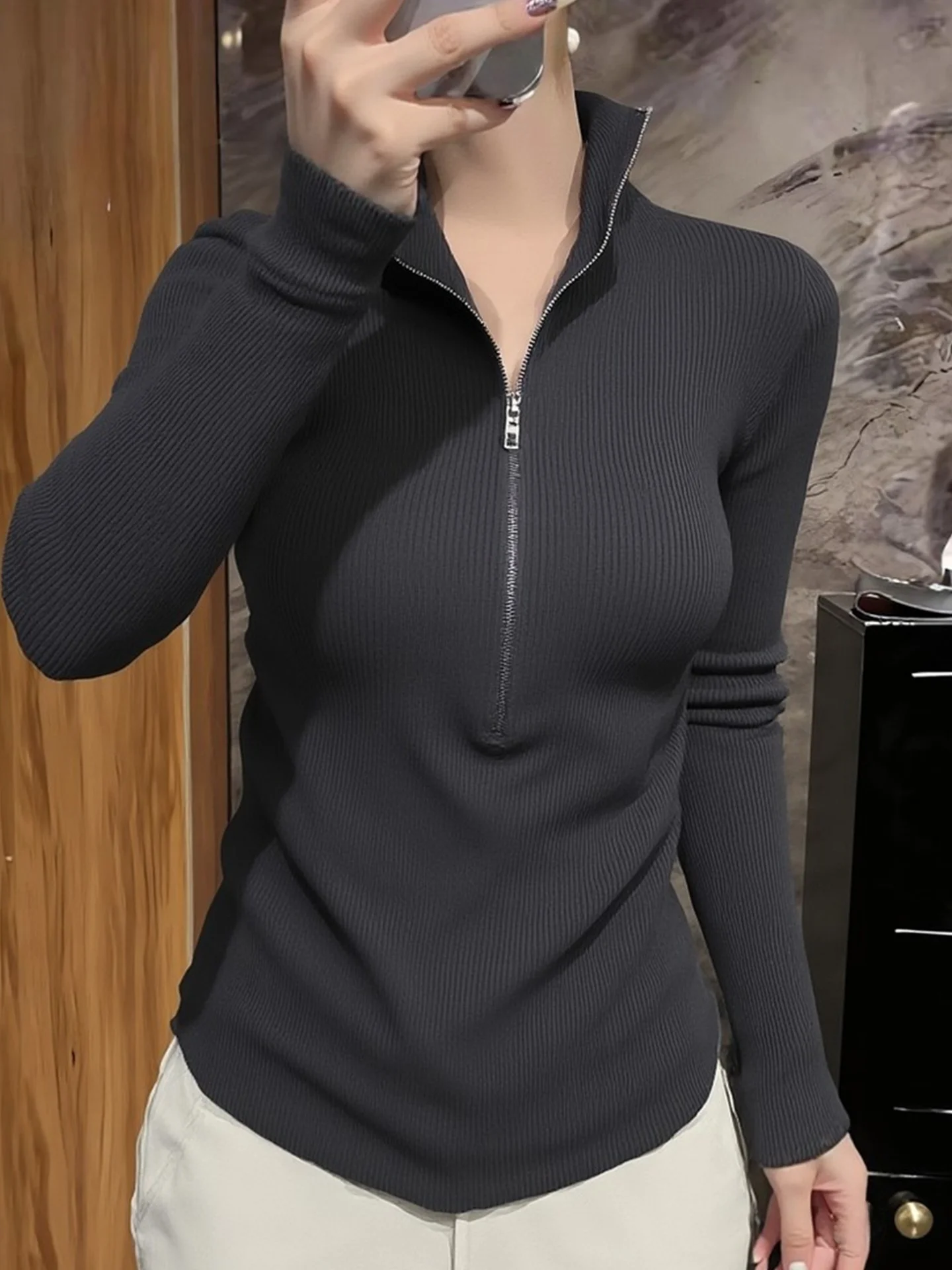 Trendy Slim Fit Half Zip Knitted Sweater Soft Long Sleeve Lazy Style Autumn Base Shirt Women's Fashion Loose Wind Knitwear