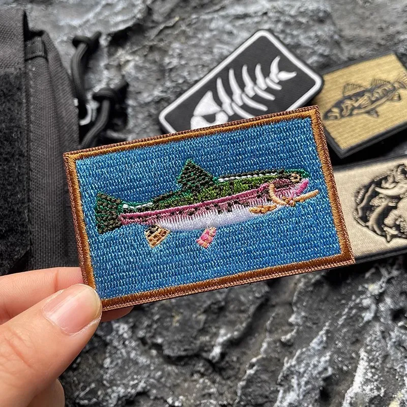 Hobbies Fishing Embroidery Patches Colorful Fish Outdoor Tactical Badge Black White Fish Bone Backpack Accessories for Clothing
