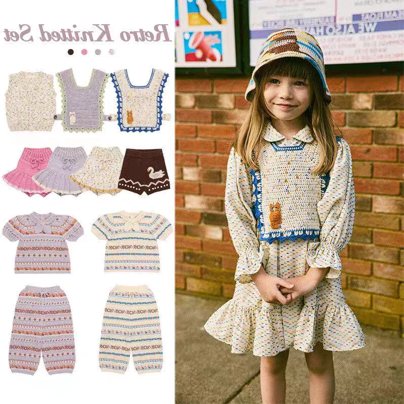 

Girls' T-Shirt Set 26 Summer New Arrival: Printed Fashionable Retro Knit Girls' Vest, Cotton, Cute and Sweet Short-Sleeve Skirt