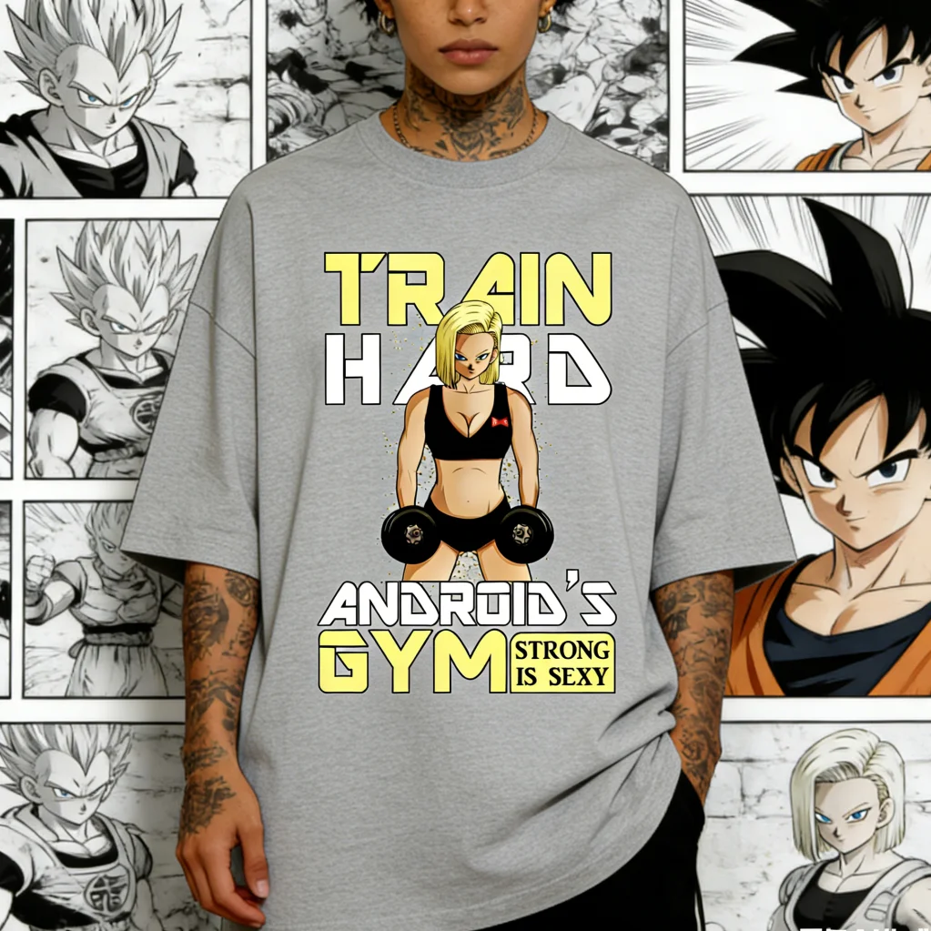 2026 New Summer Hot Android 18 Train Hard Gym Dragon Ball Printed T-shirt Men's Women's Men's Top Sports T-shirt Men's T-shirt