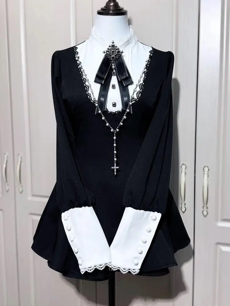 Autumn Winter Subculture Gothic Retro Women 2 Piece Set Black Contrast Bow Dress + Lace Mini Skirt Japanese Harajuku Dark Outfit