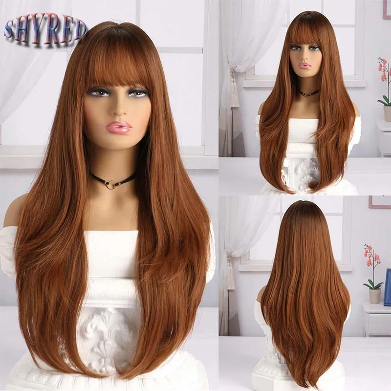 

25 Inch Reddish Brown Wig Long Straight With Bangs Fiber Synthetic Wigs Soft Cosplay Party For Women Daily Wear